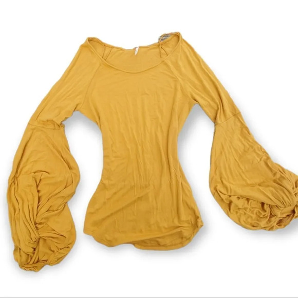 Free People To the Tropics Twist Sleeve Top Yellow Mustard Blouse Size L… - Picture 4 of 5